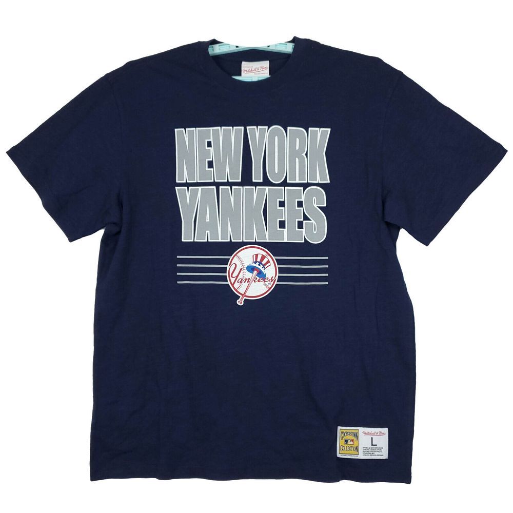 NY Yankees Mitchell & Ness MLB‎ L Large Shirt Printed Team Name & Logo Navy New